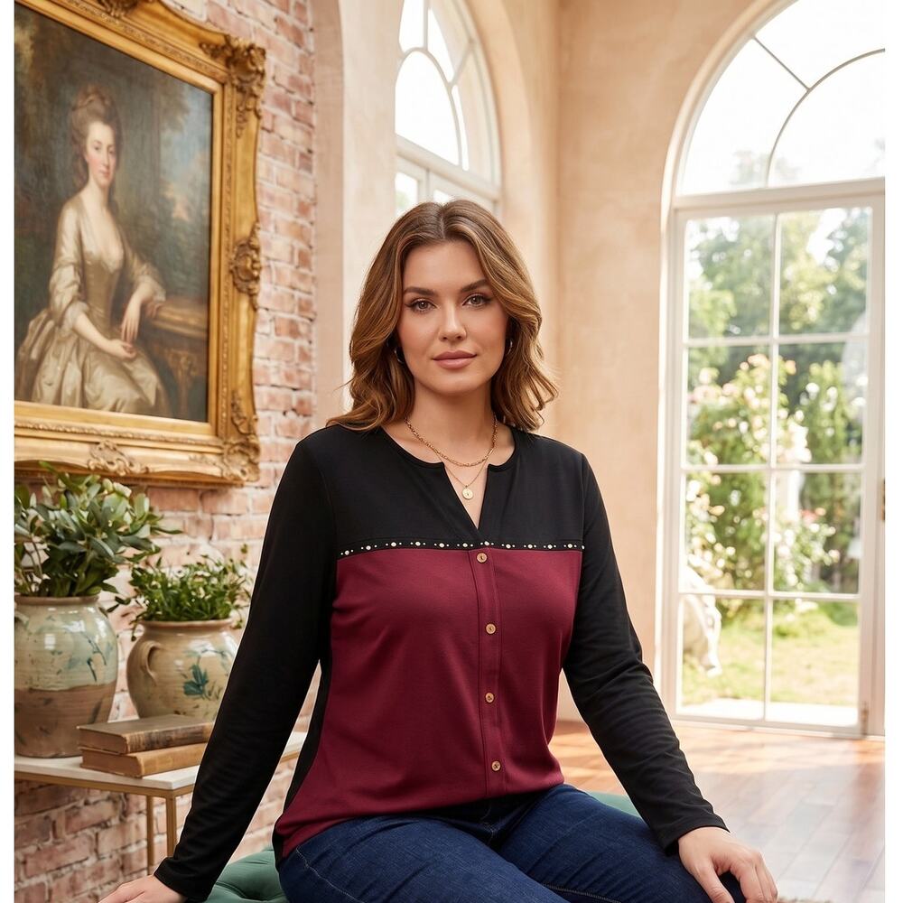 NY Collection studded colorblock blouse in burgundy and black.Size Pettit Large